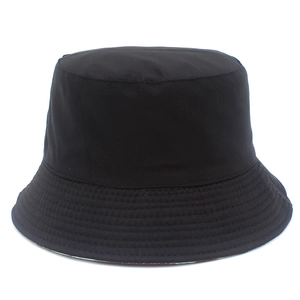 Detail view of reinforced stitching on brim of black cotton canvas bucket hat