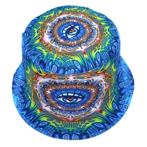 Detailed top view of psychedelic bucket hat featuring colorful abstract eye patterns