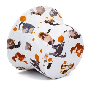 Chic white cotton bucket hat with cute colorful cat prints for sun protection