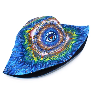 Close-up of the psychedelic eye print with orange heart detail on the colorful bucket hat