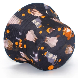 Unisex black bucket hat with colorful cartoon cat print and orange polka dots for sun protection