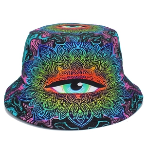 Psychedelic eye pattern bucket hat with colorful mandala digital print and gradient design