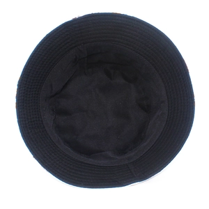 Top view of the black bucket hat interior showing fine stitching and inner lining detail