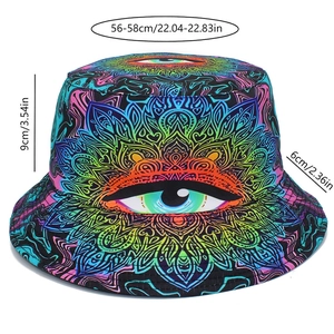 Detailed size chart for psychedelic eye pattern bucket hat with measurements in inches
