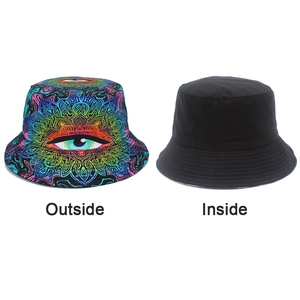 Dual-sided bucket hat featuring psychedelic eye pattern and black minimalist interior