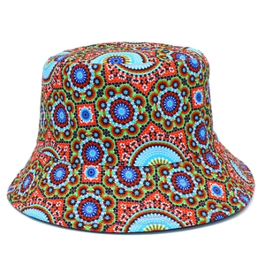 Vintage bohemian fisherman hat featuring colorful geometric mandala patterns on white background