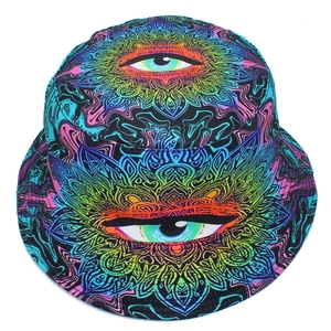Detailed view of colorful psychedelic bucket hat with mandala patterns and eye motifs
