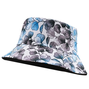 Women Cotton Leaf Print Bucket Hat Vintage Floral Fisherman Hat Foldable Sun Protection Outdoor Beach Travel Cap