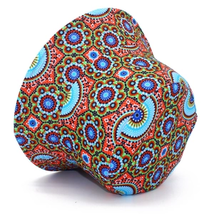 Close-up of bohemian fisherman hat with colorful geometric mandala pattern and stitching