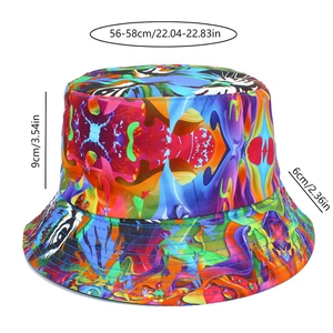 Detailed size chart showing bucket hat dimensions for head circumference and brim width