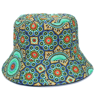 Retro ethnic bucket hat with colorful mandala pattern, reversible double-sided design