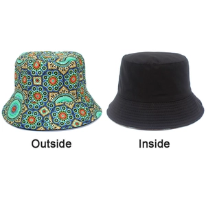 Detailed comparison showing both bohemian print outside and plain black inside of bucket hat