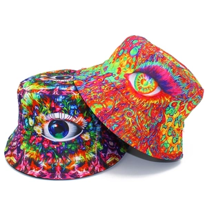 Unisex bucket hats with vibrant psychedelic eye patterns in cool and warm tones