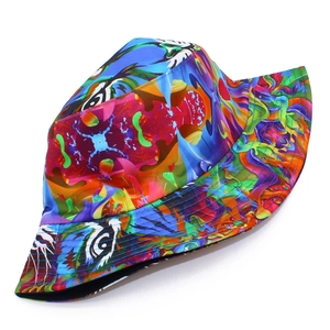 Graffiti style bucket hat with vibrant psychedelic tie-dye pattern and tiger eye print