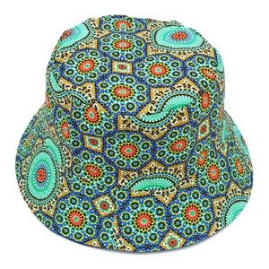 Detail view of the colorful geometric mandala pattern on the ethnic canvas bucket hat
