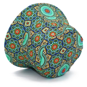 Detail of colorful mandala print bucket hat with intricate geometric floral patterns