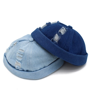 Vintage Distressed Denim Brimless Hat For Men Women Unisex Ripped Docker Cap Retro Miki Hat Adjustable Streetwear Skullcap