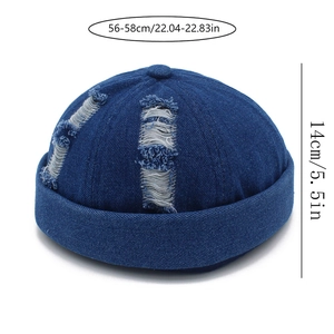 Distressed blue denim brimless docker hat showing dimensions of 56-58cm circumference
