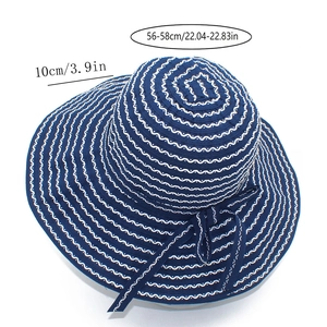 Detail of navy bow sun hat with white wave stripes and adjustable 56-58cm circumference