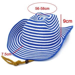 Western straw cowboy hat featuring blue stripes and size markers: 58cm circumference