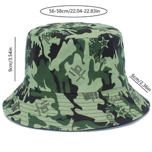 Size chart for camouflage bucket hat showing head circumference 56-58cm and 9cm crown height