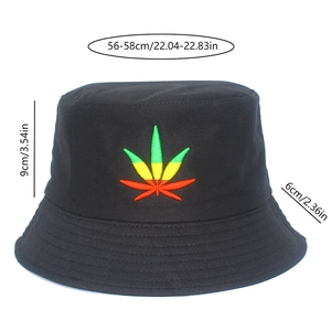 Detail view of foldable black bucket hat with colorful hemp leaf embroidery and size specs