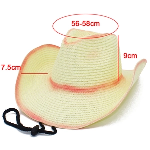 Dettaglio cappello da cowboy in paglia con sfumatura rossa e misure del prodotto