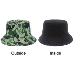 Detail view of reversible camo sun hat showing green camouflage and solid black lining