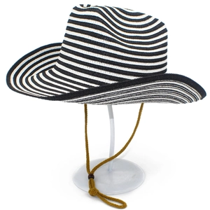Fashionable black and white striped straw cowboy hat with adjustable brown chin strap
