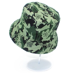 Close-up of camouflage bucket hat featuring printed SPECIAL HATS text and star graphics