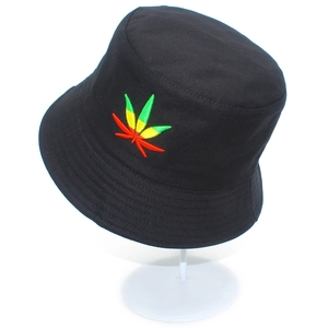 Foldable black cotton bucket hat for men and women with colorful leaf embroidery