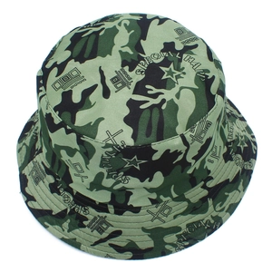 Detail view of camouflage bucket hat with star prints and reinforced stitched brim