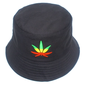 Black cotton bucket hat with colorful green yellow red cannabis leaf embroidery