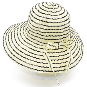 Chic beige wide-brim striped sun hat with bow detail on a white display head