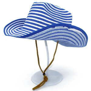 Detail of blue and white striped straw cowboy hat with adjustable brown wind lanyard