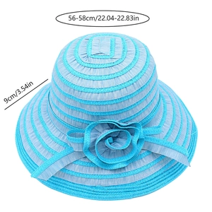 Detailed view of blue striped sun hat with fabric flower and size measurements labels