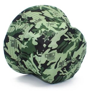 Detail of camouflage bucket hat featuring tactical patterns and star graphic prints