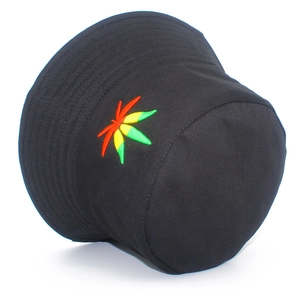Unisex black foldable cotton bucket hat with colorful hemp leaf embroidery design