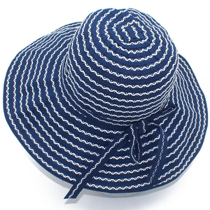 Women Fashion Bow Wave Striped Sun Hat Foldable Large Brim Cotton Fisherman Hat Elegant Beach Sunshade Summer Bucket Hat