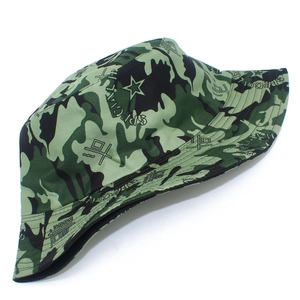 Close-up of green camouflage bucket hat with star embroidery and special lettering