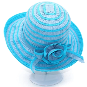 Women's summer striped sun hat with large brim and blue floral decoration on side