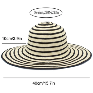 Detailed size chart of the striped straw sun hat showing brim width and crown height