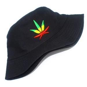 Foldable black cotton bucket hat with colorful leaf embroidery for outdoor sun protection