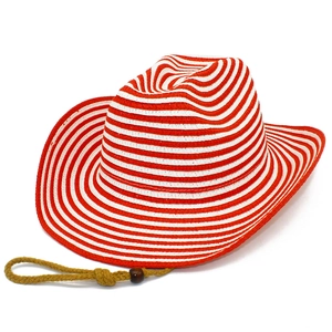 Red and white striped straw cowboy hat with wide brim and adjustable chin strap cord