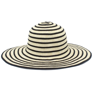 Detailed view of the woven texture and black stripes on the wide brim straw sun hat