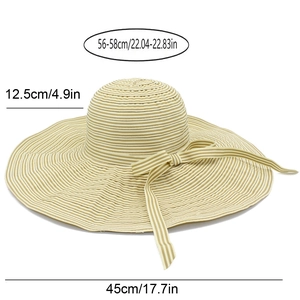 Detailed size measurement diagram for wide brim striped sun hat with bow decoration