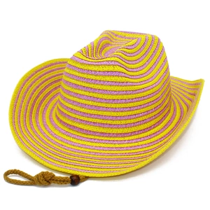 Pink and yellow striped straw cowboy hat with brown chin strap for summer sun protection