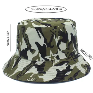Camo bucket hat size chart showing 56-58cm circumference and 6cm brim dimensions