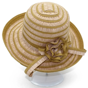 Detailed close-up of a striped straw sun hat featuring a decorative layered side flower