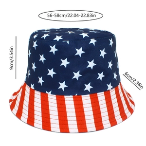 Detailed view of foldable USA flag bucket hat showing dimensions 56-58cm for head circumference